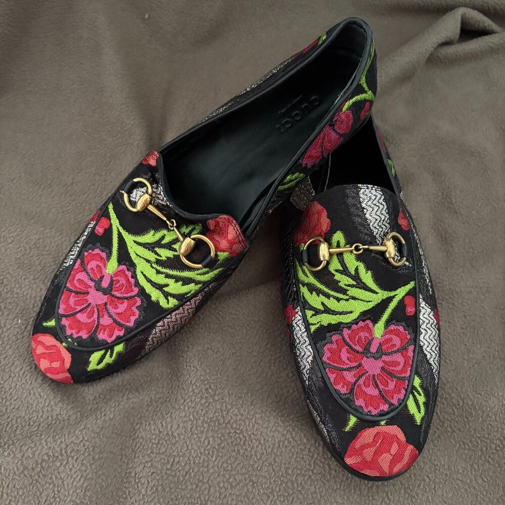Gucci Jordaan Floral Embroidered Brocade Horsebit Loafers EU 38.5 US 8.5